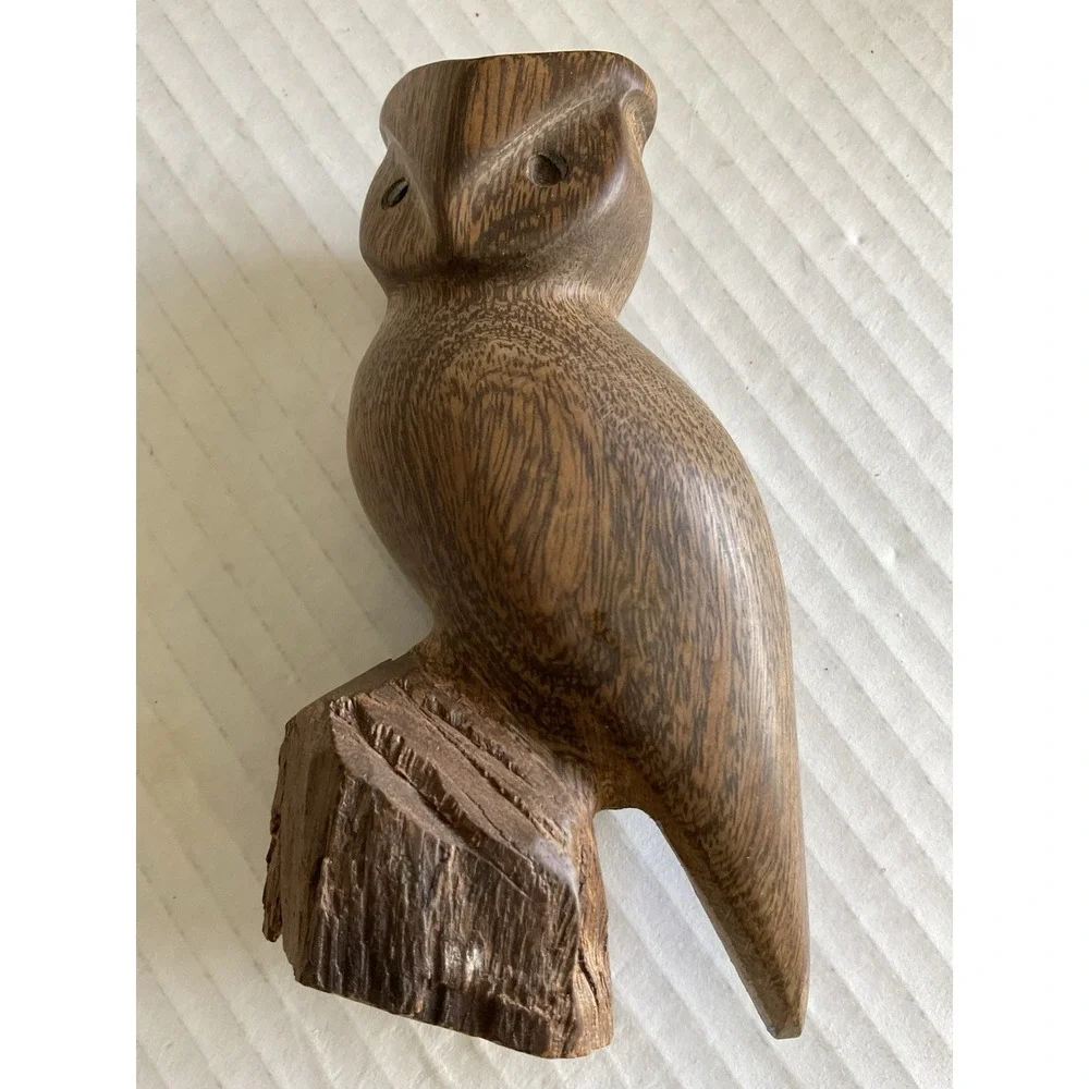 Hand Carved Owl Figurine Unmarked One Of A Kind Wood Detailed Decor